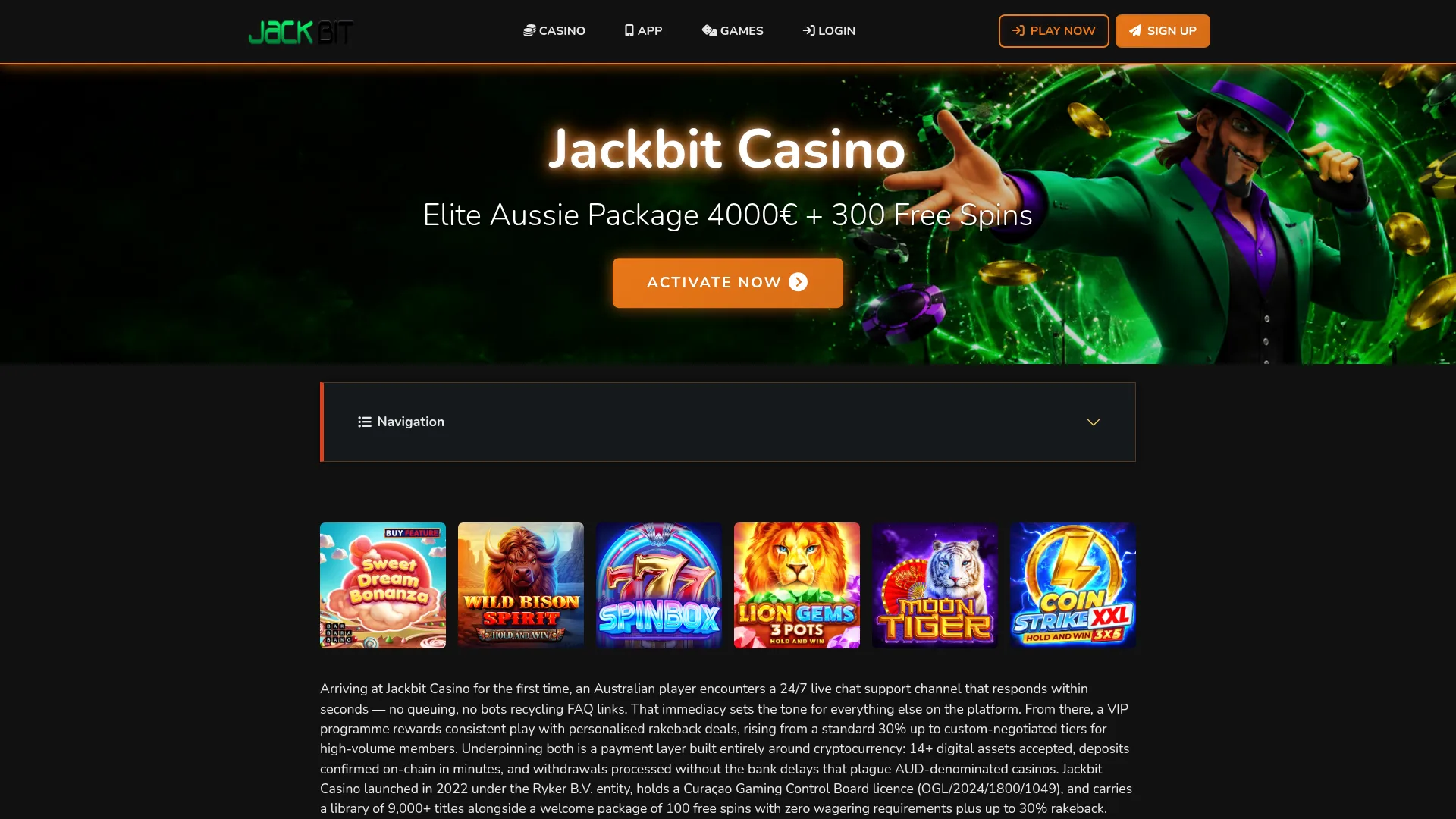 Jackbit Casino desktop browser view